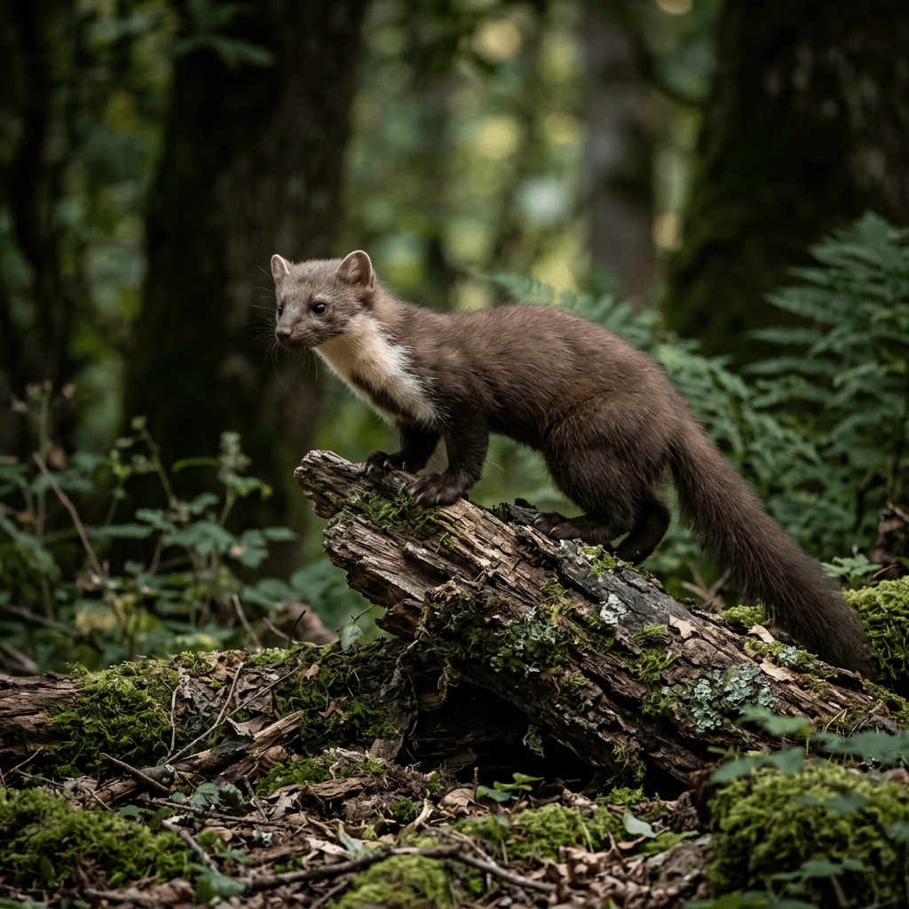 Pine marten standing on a moss-covered fallen log in forest