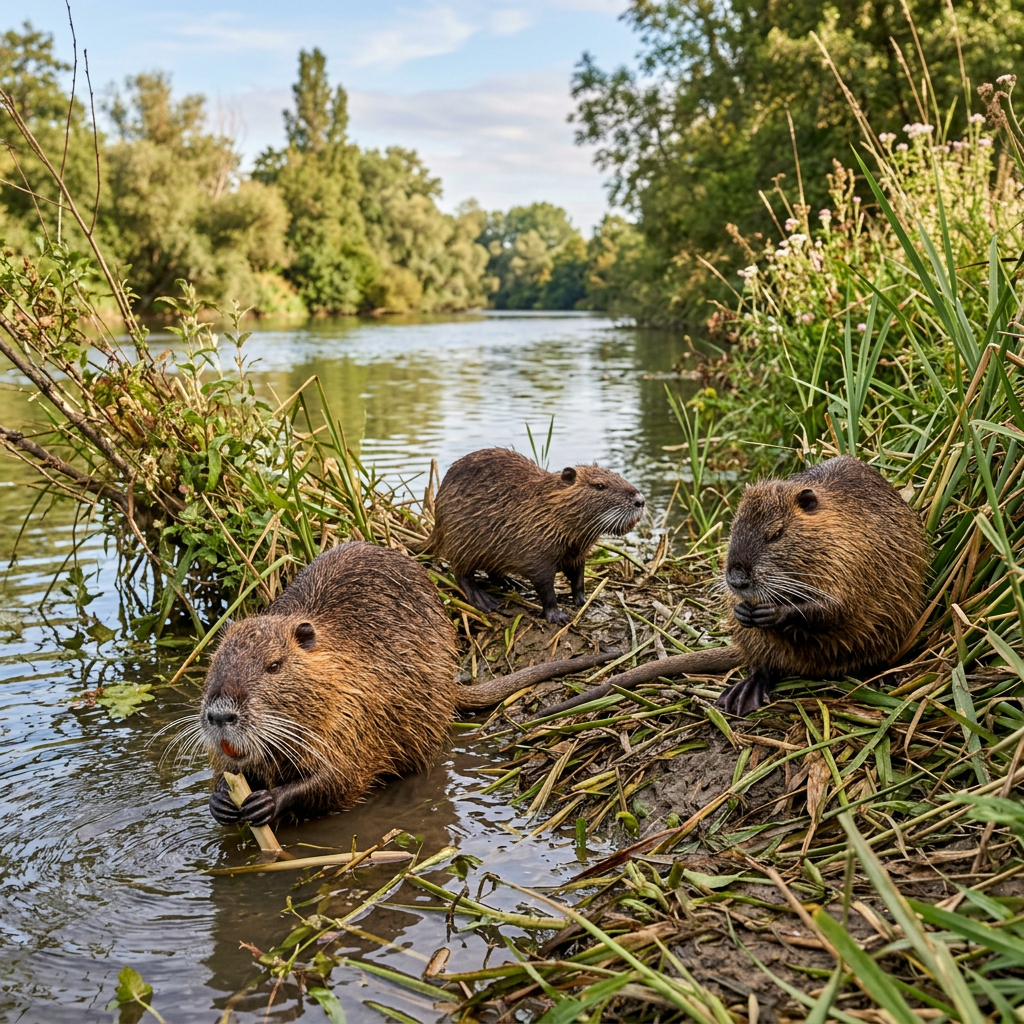 Three nutria on a lush riverbank beside a calm river