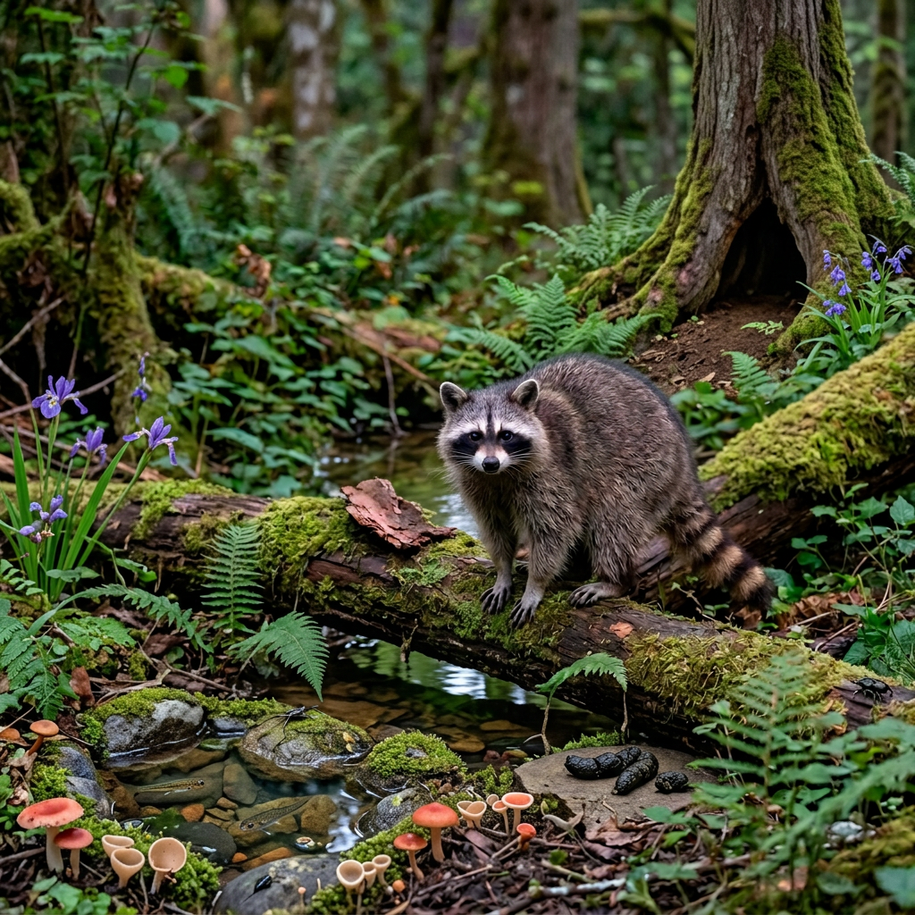 Raccoon standing on a moss-covered log above a forest stream
